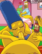 Homer Simpson gets his cock sucked by Marge and ridden by cute chick