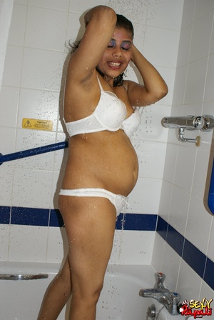 Chubby Indian bitch in white lingerie taking shower in the bathtub - Picture 5