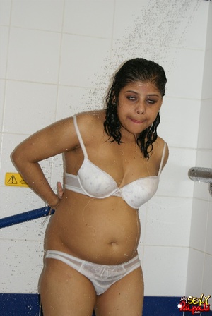 Chubby Indian bitch in white lingerie taking shower in the bathtub - Picture 12
