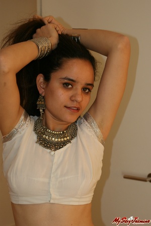 Good-looking Indian chick stripping her white clothes on cam and staying only in blue panties and bracelets - XXXonXXX - Pic 4