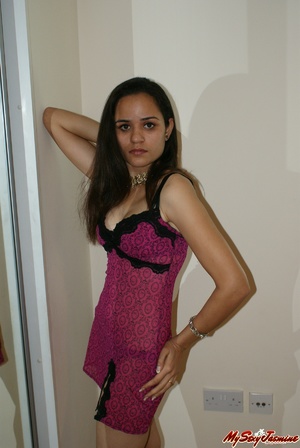 Nasty Indian teen in purple lingerie and baby-doll takes it off and covers her tits with her hands - XXXonXXX - Pic 1