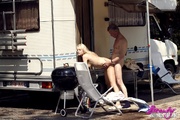 Dirty blonde teen sucking old cock at the mobile home and spreads her legs for banging