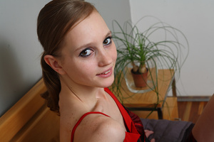 Ponytailed blonde college girl in a red dress takes it off to present her fresh body - Picture 2