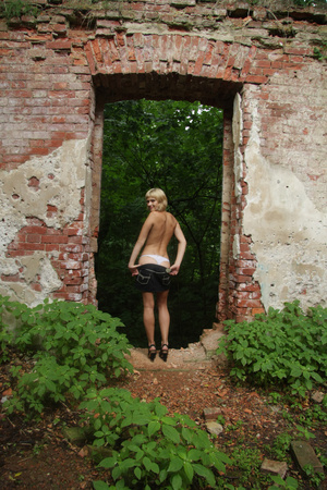 Nice blonde teen in a short skirt undresses in the abandoned old building on cam - Picture 5
