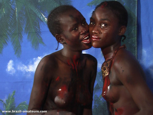 Naughty black tropical gals in G strings soiling each other with paints while having wild lesbian games - XXXonXXX - Pic 3