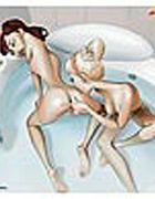 Natalie and Julia in hot lesbian action in bathrooom.
