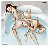 Natalie and Julia in hot lesbian action in bathrooom.