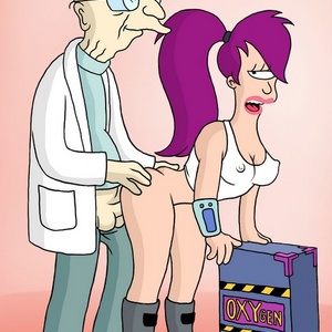 Horny old Futurama professor bangs Leela from behind in doggy style.