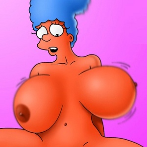 Cartoon Marge Simpson petting her pussy while watching porn.