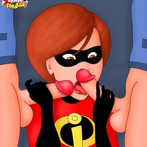 Cartoon busty hero Helen Parr takes two cocks in her mouth at the same..