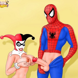 Toon hero Spiderman shoot a big load of cum on clown girl tits.