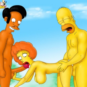 Homer and Apu banging busty Maude Flanders while Ned is out.