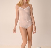 Shay blonde chick in white transparent top and panties shows off her small