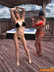 Two gorgeous shemales in bikini having an awesome fucking on the terrace in 3d xxx porn