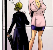 Lovely secretary in a pink jacket becomes bigger and bigger after a secret