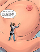 Crazy scientist trying to suck huge nipple of a toon giant blonde female