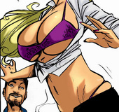 Ponytailed cartoon blonde babe starts getting giant after a strange injection