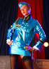 Dirty milf stewardess in a blue uniform and high boots spreads her legs