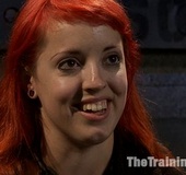 Red girl with tit pumps gets bound to the armchair to suffer pain and