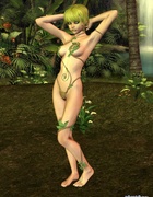 Cool futuristic 3d girl with her delights covered with green leaves posing