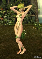 Cool futuristic 3d girl with her delights covered with green leaves posing in the wild jungle