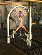 Teen gal with purple hair gets stretched on the arc and banged and pumped