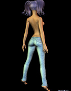 Cool 3d toon chick with purple pigtails and in blue jeans looking for