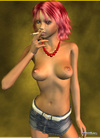 Chick with pink hair in jeans shorts smoking topless in cool 3d porn toons