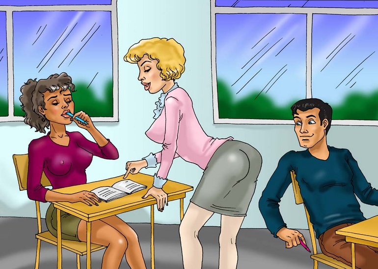 Blonde slutty teacher fucking with two of her - Cartoon Sex - Picture 1
