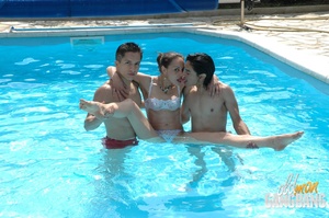 Lustful alter kocker spies curly lad fucking his GF at the pool and happily joins them - Picture 5