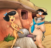Fred Flintstone with his hands bound behind his back sucking Wilma's thick