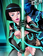 Bodacious futuristic toon girl with blue hair enjoys riding her lesbian