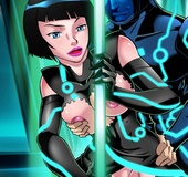 Bodacious futuristic toon girl with blue hair enjoys riding her lesbian