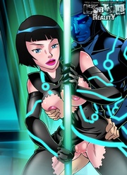 Bodacious futuristic toon girl with blue hair enjoys riding her lesbian lover's sliding cock