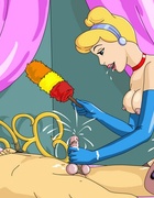 Hot cartoon blonde in a red corset and stockings enjoys dominating her