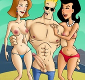 Blonde handsome Johnny Bravo pleasing slutty bitches with his thick schlong