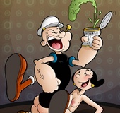Nasty whore Olive allows Popeye fingering her pooper before riding his