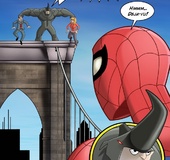 Nasty blonde in a red jumper paying Spiderman for help with her dirty