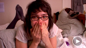 Dirty brunette chick in glasses and in a black jumper rubbing her shaggy twat on the bed - XXXonXXX - Pic 4