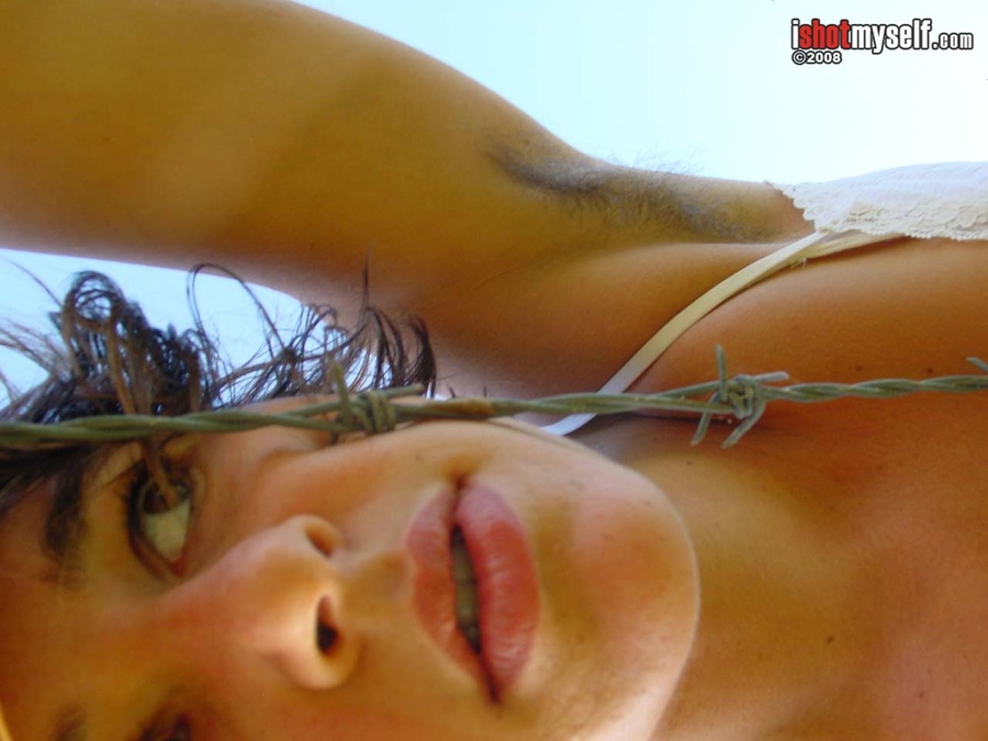 Hot short-haired girl with small tits taking off he blue panties to demonstrate her hairy snatch outdoors - XXXonXXX - Pic 5