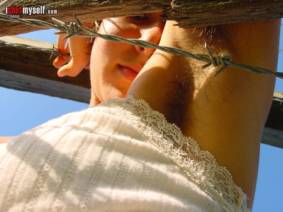 Hot short-haired girl with small tits taking off he blue panties to demonstrate her hairy snatch outdoors - XXXonXXX - Pic 6