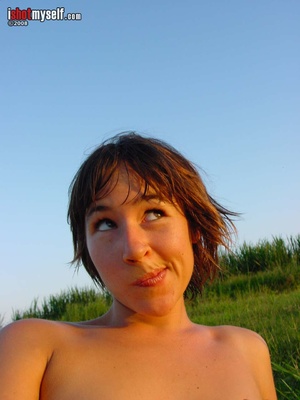Hot short-haired girl with small tits taking off he blue panties to demonstrate her hairy snatch outdoors - XXXonXXX - Pic 14
