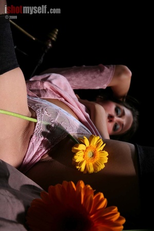 Very hot teen girl in black stockings enjoys playing with flowers naked on her bed on camera - XXXonXXX - Pic 3