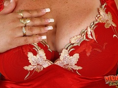 Chubby bitch in a red gown gets her hairy twat pounded - Picture 1