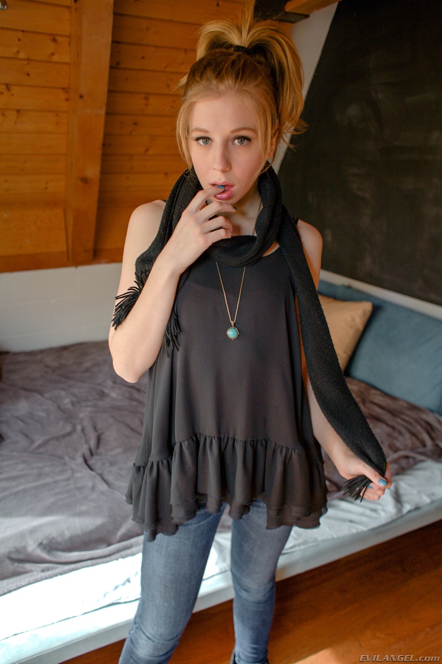 Lovely ponytailed teen in a nice black dress and lace panties shows off her sweet pussy - XXXonXXX - Pic 1