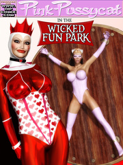 Hot 3d busty chick in a white suit and high boots gets enchained to a wheel for kinky tortures of her mistress in red latex and crown in cool 3d toon