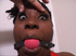 Dirty ebony mom with big tits in a red top gets gag-balled before dirty