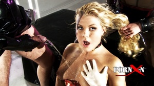 Blonde bound girl gets pissed by master and mistress in latex suits - XXXonXXX - Pic 5