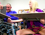 Slutty blonde student rubbing her slit and gives handjob to a lad on the lecture