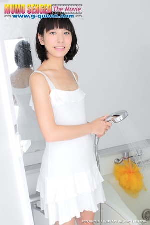 Shy Asian teen gal in white dress undresses to take shower - Picture 4